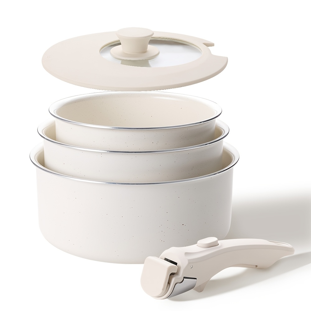 Image of 5pcs Saucepan Set With Removable Handles, Ceramic Pot Set 16/18/20cm And 3-in-1 Lid, Induction Cooking Pots For All Types Of Cookers, Oven Safe, Rv Cookware Set, Kitchen Cookware, Modern Cookware