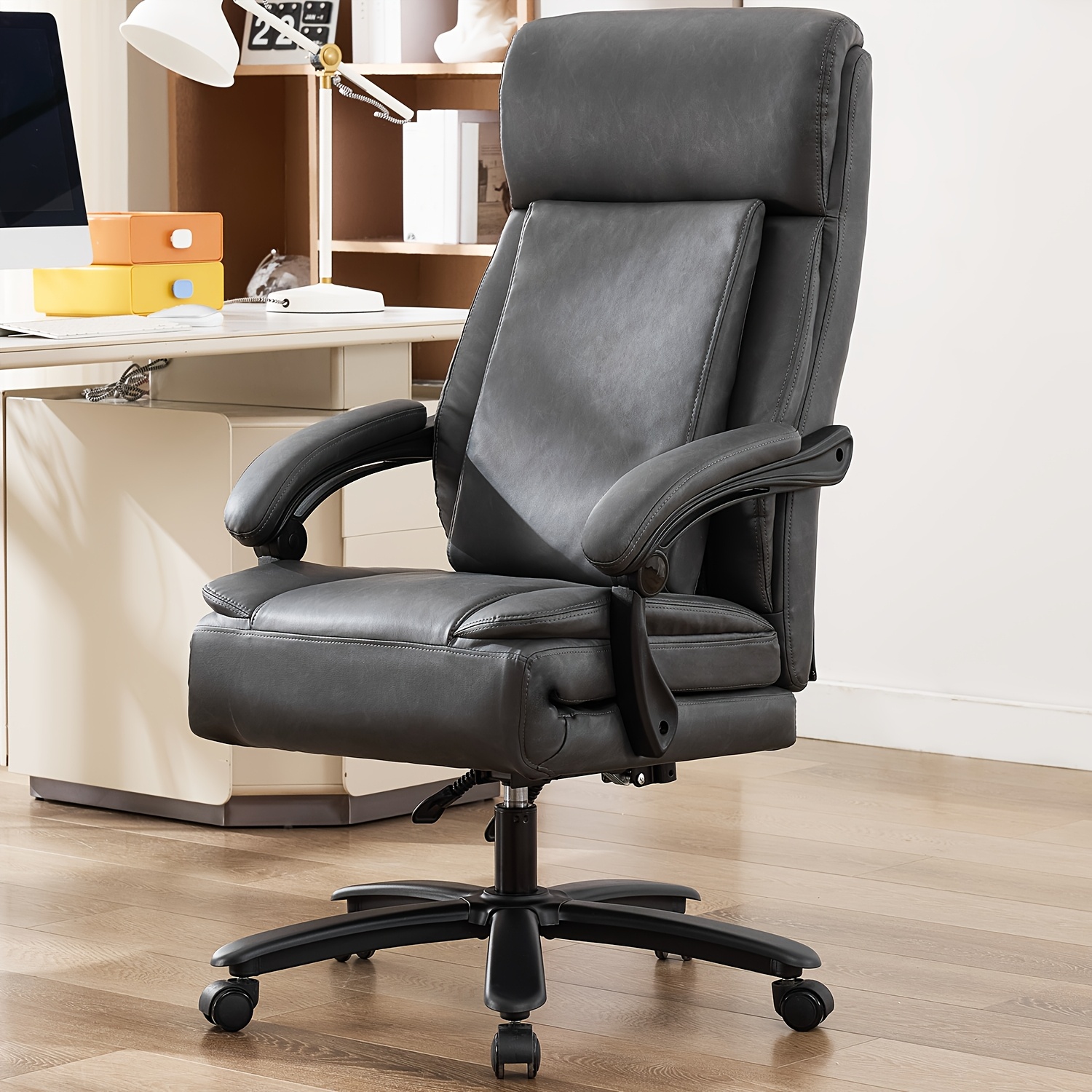Image of Beige Vintage Pattern Office Chair Weight Capacity 500lbs, Seat Cushion Folds 180° Boss Chair, Big And Tall Office Recliner, Pu Computer Chair With Soft Handrail, Ideal For