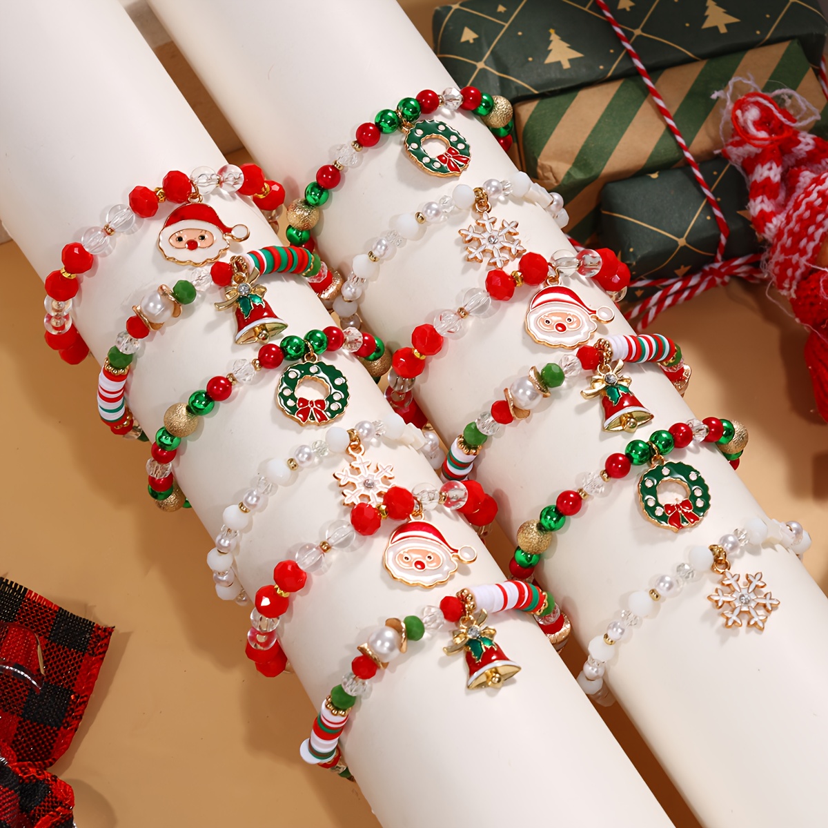 TEMU 12pcs Christmas Beaded Pendant Bracelet Set For Women And, Holiday Accessories In Red, Green, And White, Featuring Santa Claus, Snowflakes,