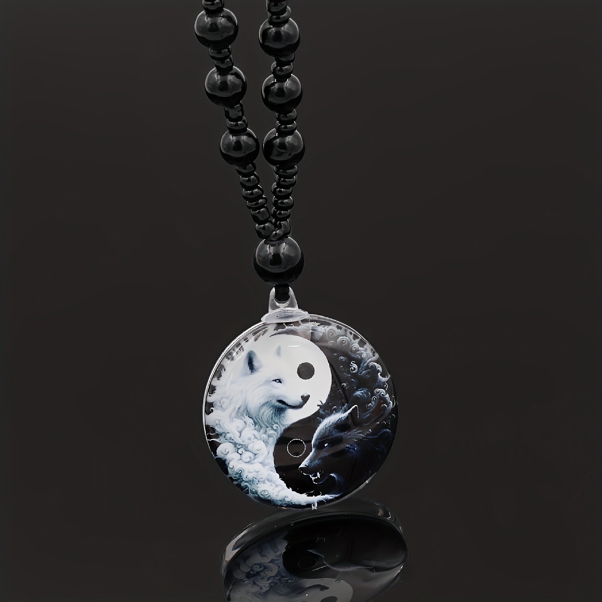 Image of Men's Tai Chi Wolf Design Round Pendant Long Chain Necklace, Glass Beads Rosary Necklace - Gifts For Anniversaries, Birthdays, And Christmas