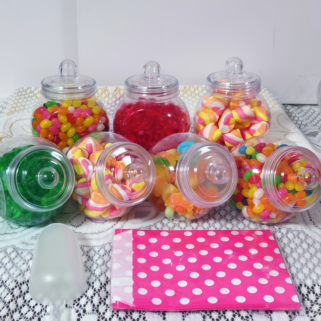 Pack of 3/7 Clear Plastic Jars with Victorian Style Lids 550ml, with 25/50 bags and 1/2pcs spoon, Storage containers for Sweets, Candy, Supplements, Gifts and  . Ideal for Parties, Birthdays, Weddings etc