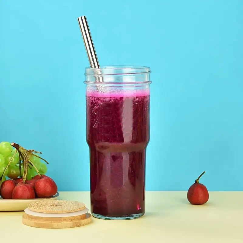 4pcs of 24 ounce glass cups with lids and straws cute cups drinking can set reusable glass water cups for making cold boiled juice mothers day gift christmas gift with with two cup brushes Product details 5
