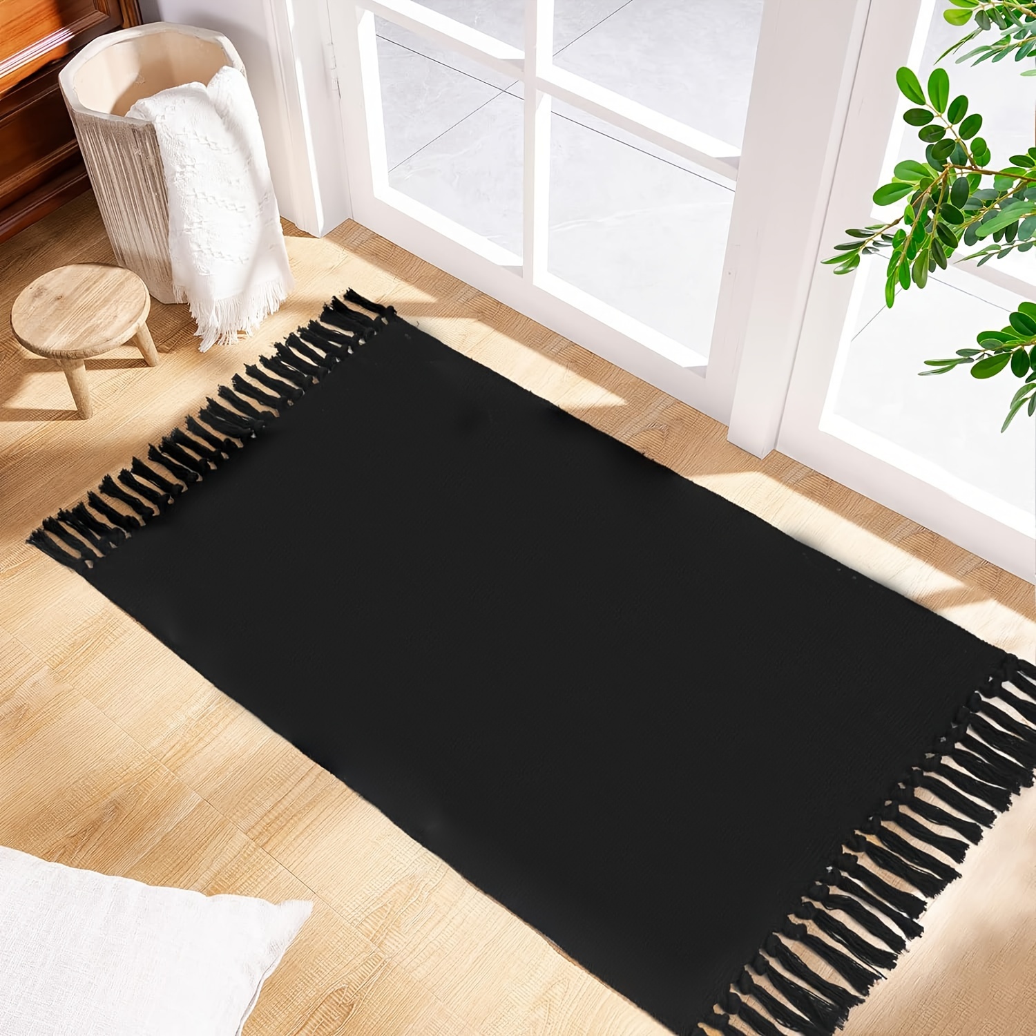 1pc handcrafted tassel runner rug machine washable solid color braided polyester mat for entryway bedroom kitchen non skid absorbent durable indoor runner rug Product details 2