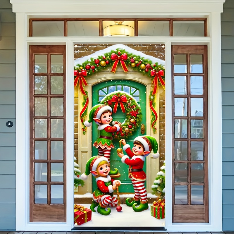 

Christmas Elf Door Banner Set Of 1 - Polyester Xmas Elves Decoration With Wreath And Gifts, Vibrant Seasonal Decor For Festive Home Entrance, Multipurpose Holiday Hanging Without Electricity