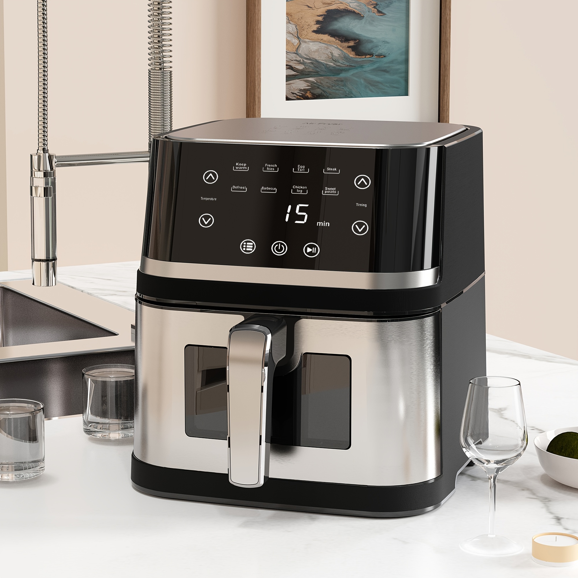 TEMU Friteuse à en Acier Inoxydable 8 Qt avec Fenêtre pour Cuisine, 8 Préréglages, Pièces Lavables au Lave-Vaisselle, Écran Tactile, 400°F, Appareils