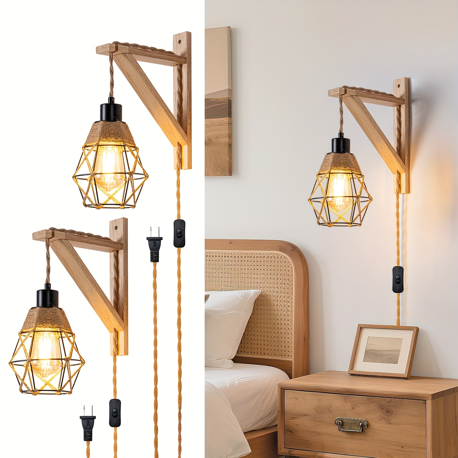 TEMU Applique Murale Rustique en Bois avec Interrupteur, Douille E26/E27, Cage en Métal Rustique de Style Ferme et Support en Bois, Lampes de Chevet