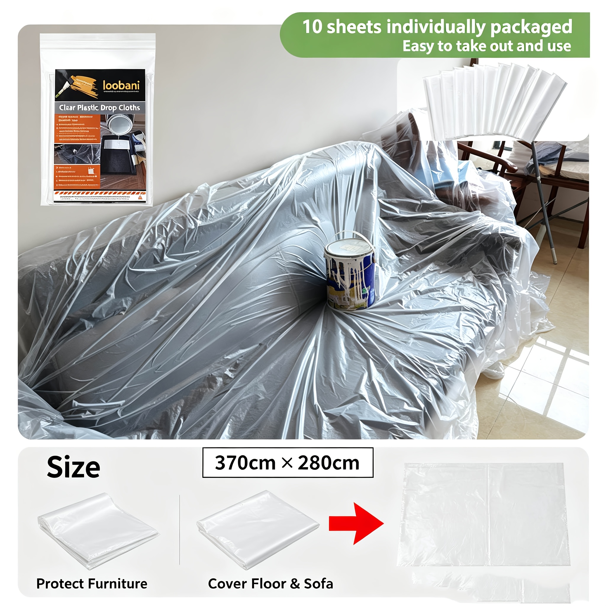 Image of 10pcs Painter Plastic Drop Cloths Sheet, Waterproof Cover, 9x12 Feet Disposable Tarp For Painting For Couch/furniture Cover