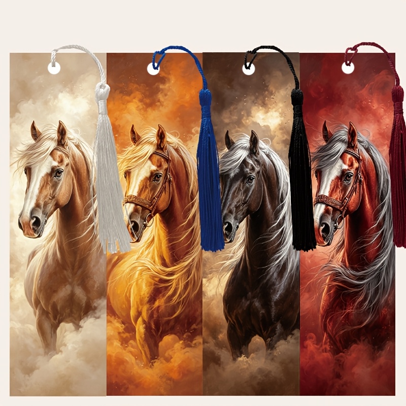 TEMU 4pcs Horse Illustration Themed Tassel Pu Leather Bookmarks, Tassel Color Random, 15cm(5.9in)*4cm(1.57in) Book Lover Bookmarks, -to-school Gift