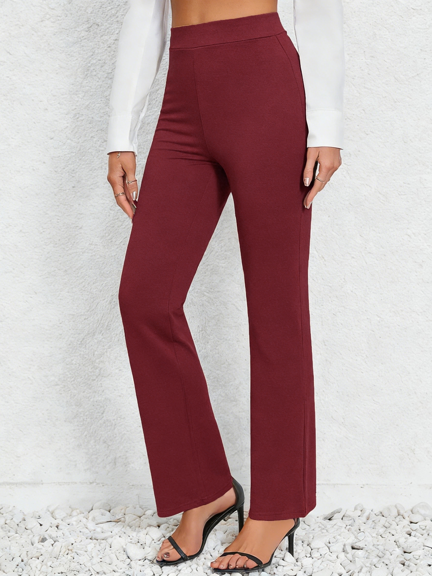 womens elastic straight leg pants   elastic waistband polyester fiber machine washable   wear simple and stylish casual pants   stretch fabric