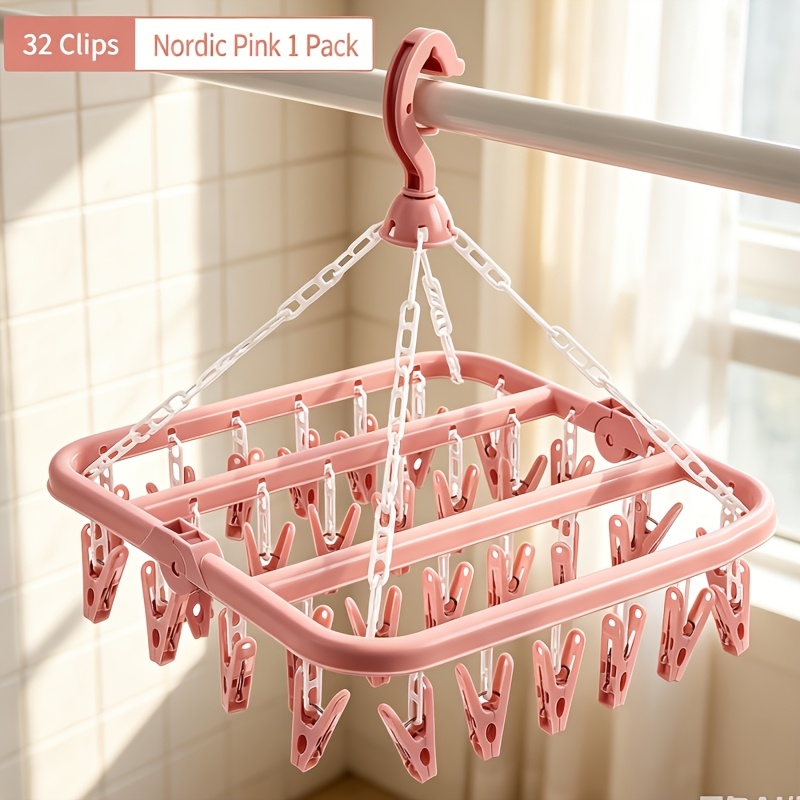 TEMU Foldable 32-clip Plastic Clothes Hanger, Multifunctional Underwear And Socks Drying Rack, Universal For Bathroom, Dormitory, And Home Use,