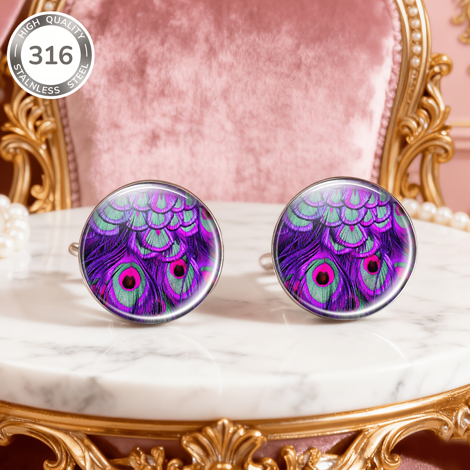 2pcs Stainless Steel Non-Piercing Round Colorful Pattern Earrings