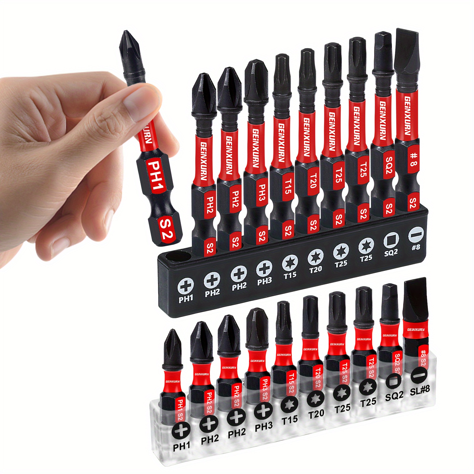 

20, 21pcs Mixed Screwdriver With Base, 25mm (ph1, Ph2 Ph2, Ph3, T15, T20, T25, T25, Sq2, Sl#8) (transparent Base) 50mm (ph1, Ph2 Ph2, Ph3, T15, T20, T25, T25, Sq2, Sl#8) ()