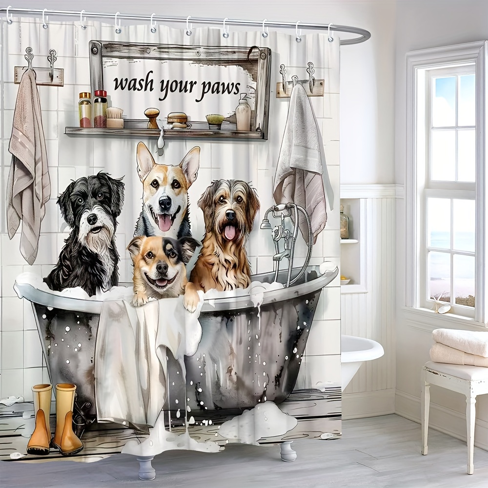 

Dog Fun Shower Curtain - Machine Washable, Easy Clean, Waterproof Polyester With Hooks Included - Pet Lovers' Bathroom Decor