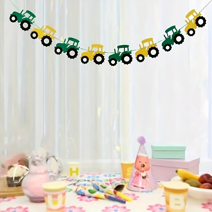 Image of 200cm Tractor Birthday Party Banner - Vibrant Yellow & Green Felt Decoration With "happy Birthday" Text, ' Tractor-themed Celebrations, Polyester Material, No Power Needed, Birthday Party Decorations