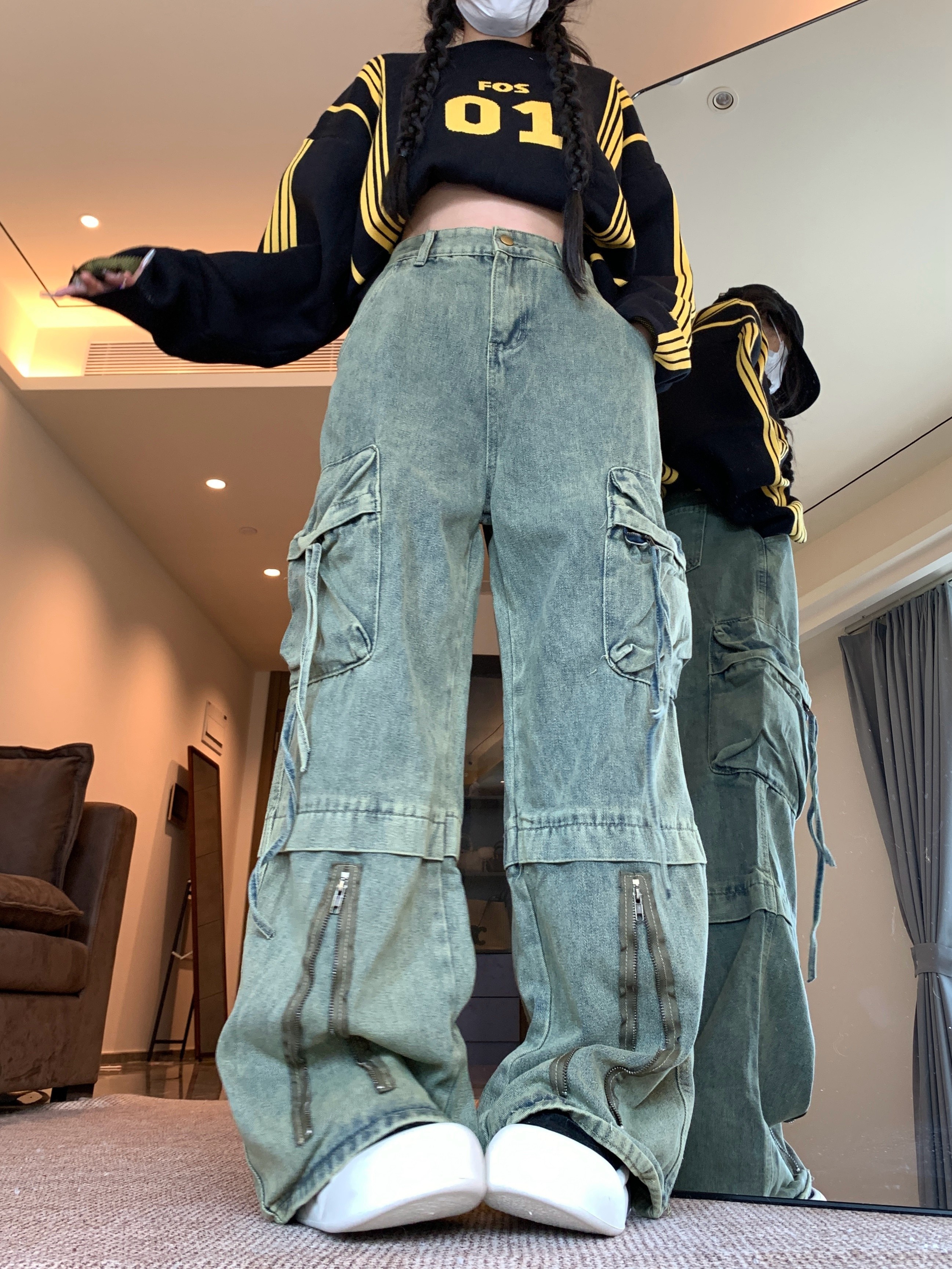 vintage washed green loose fit cargo jeans large pockets Temu