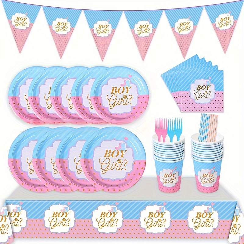 

136pcs Gender Reveal Themed Party Disposable Tableware Set, Including Flags, Paper Plates, Paper Cups, Napkins, Tablecloths, Forks And Straws, For 20 Guests