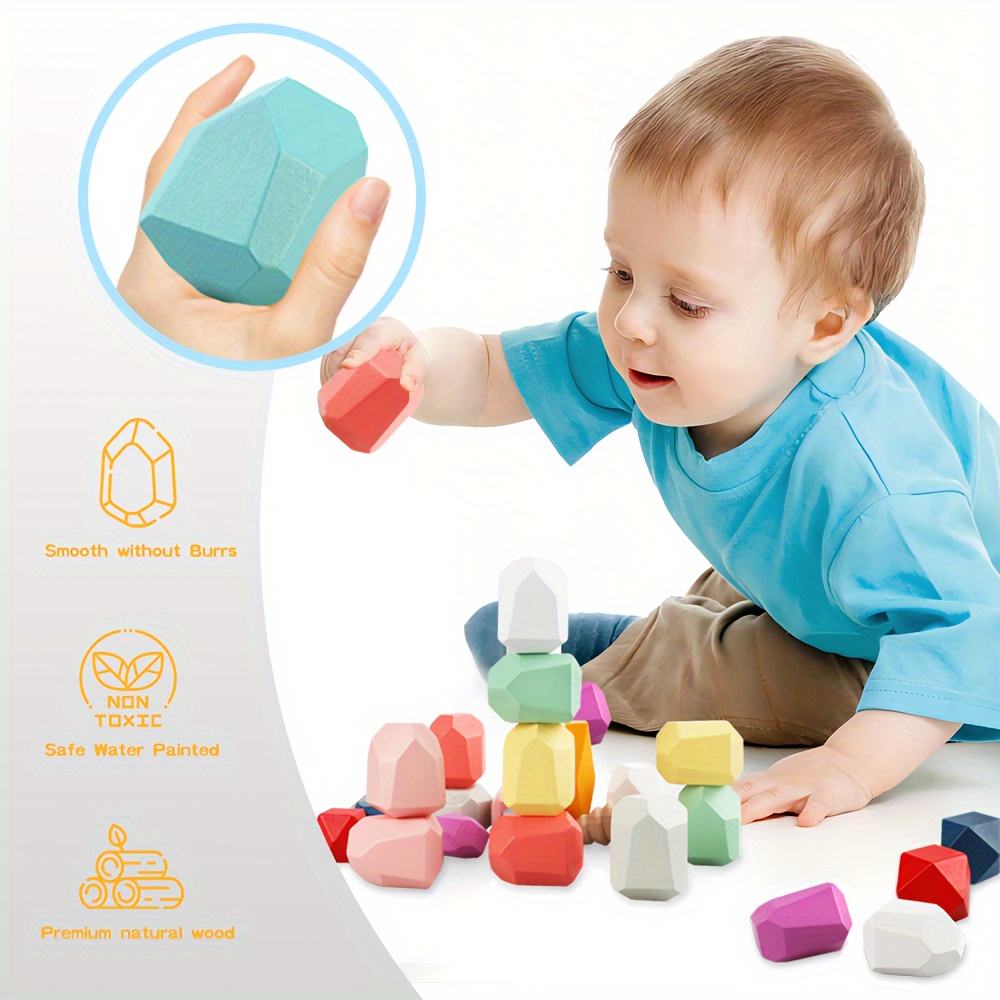 

48pcs Wooden Stacking & Sorting Rocks - Sensory Learning Toy For 3-6 Years, Smooth & Safe, Ideal For Cognitive Development, Perfect Birthday/christmas/halloween Gift For