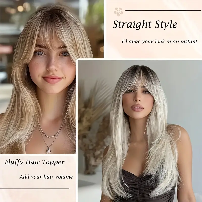 womens 3d topper with bangs looking straight synthetic hair piece for thinning hair blonde with dark roots frontal scalp coverage for daily wear hair loss solution Product details 2