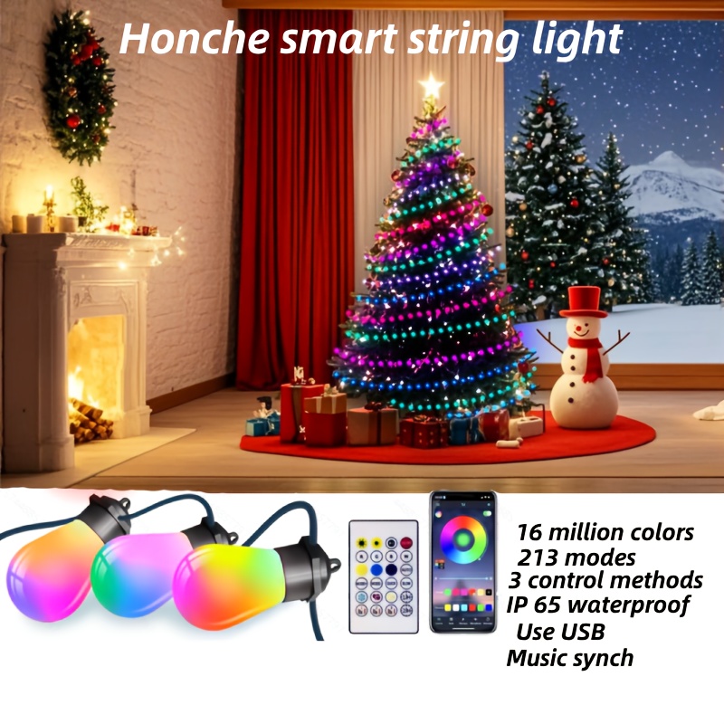 TEMU Outdoor String Light 32.8ft With Rgb Bulb Shatterproof App& Usb Button Control Dimmable Music Timer For Vacation Daily Wedding Home Christmas Trees
