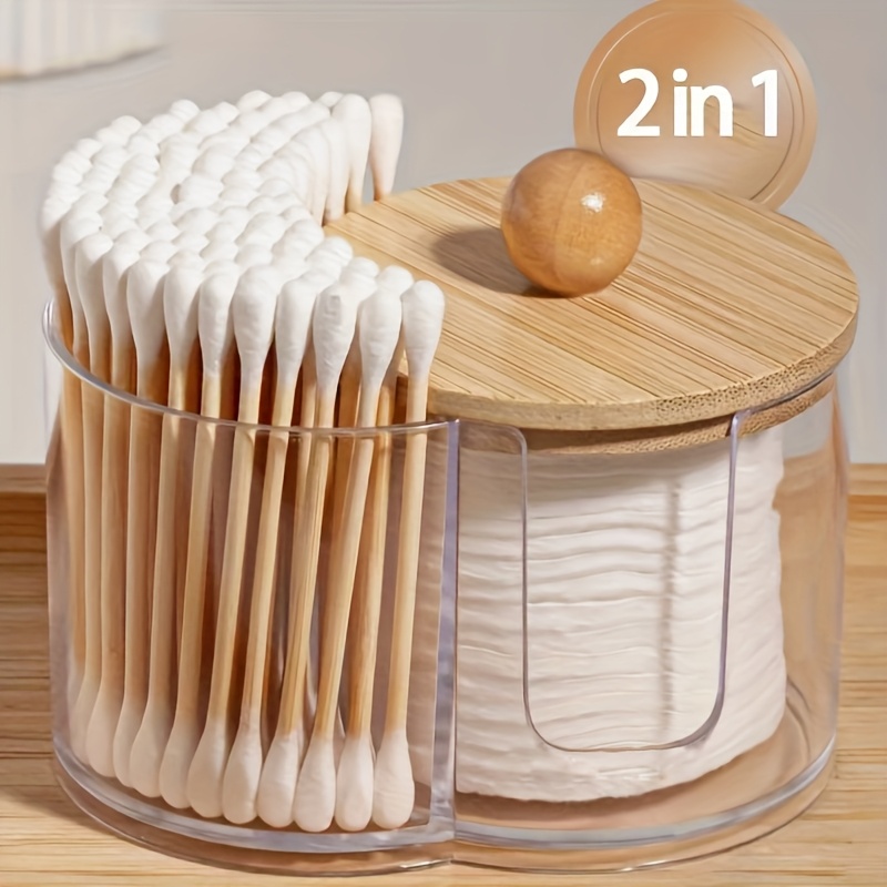 2-in-1 Transparent Swab And Makeup Pad Storage Box With Wooden Lid - Dual Compartment Bathroom Organizer, Space- Vanity Organizer, Natural Wood Accents, Practical Design