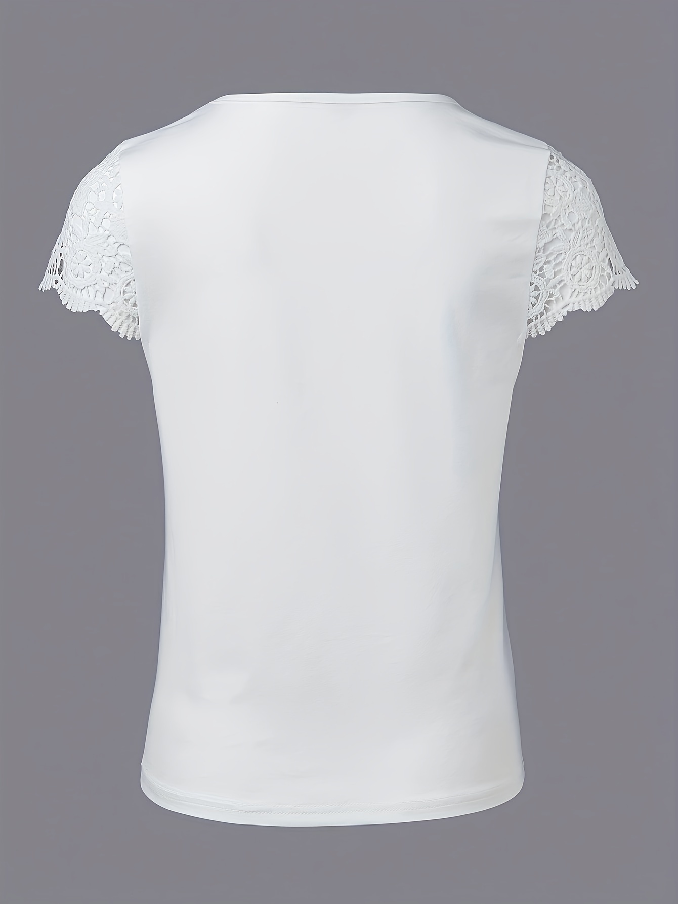 Lace Splicing V-neck Simple T-Shirt, Elegant Short Sleeve T-Shirt For Spring & Summer, Women's Clothing