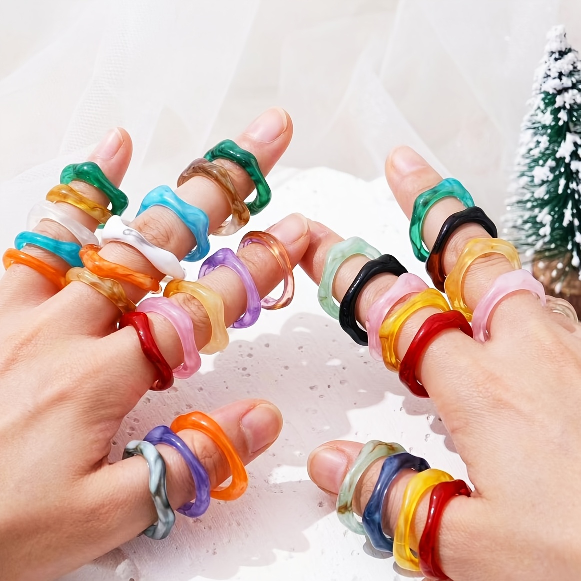 5pcs Colorful Smudged Marble Texture Resin Stackable Rings