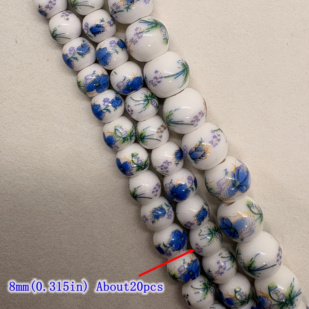 Image of Vintage White Ceramic Beads (20/26/16pcs) & Blue Green Floral Spacer Beads (8/6/10mm) - Supplies For Bracelets Necklaces Weaving Curtain Decor