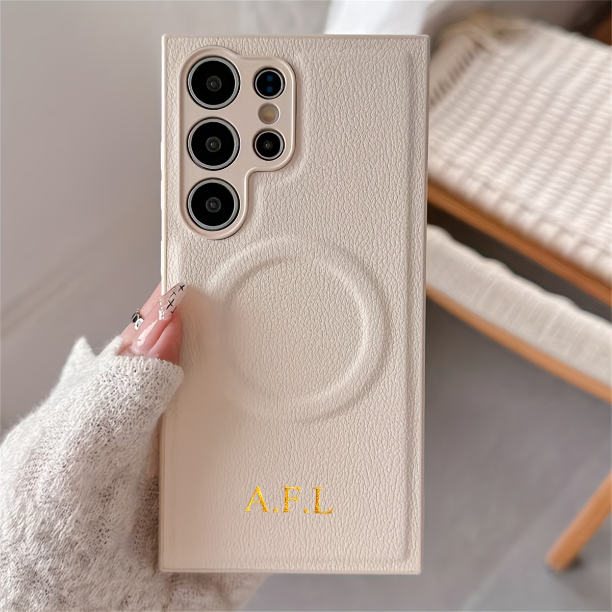 TEMU Phone Case: Personalized Golden Initial Customized Simple Lychee Faux Leather Magnetic Wireless Charging Phone Case For Galaxy S25 24 23 22 21