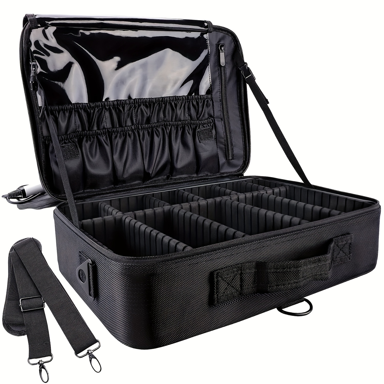 

16.5-inch Professional Makeup Train Case With Adjustable Dividers, Portable Artist Cosmetic Brush Storage Bag, Pu Material, -free, No Electricity Or Battery Needed, With Shoulder Strap - Black