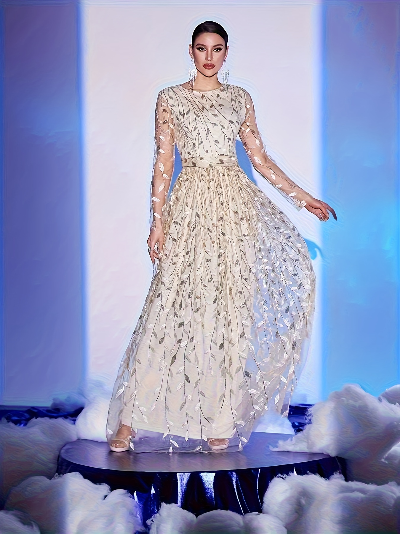 sheer mesh embroidered maxi dress Floral Embroidery Sequin Sheer Bodice Mesh Mermaid Long Dress S / Oceanblue