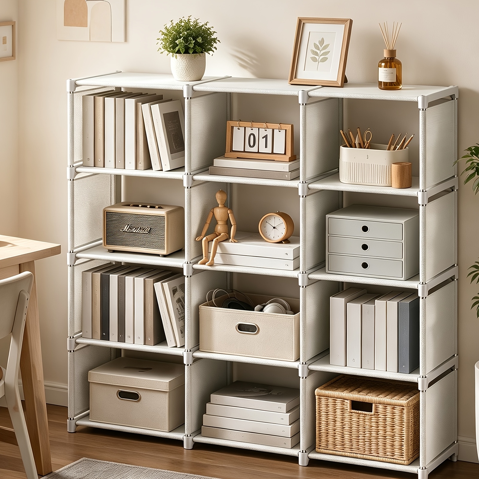 Image of 12-grid 4-row Bookshelf - Freestanding, Thickened Metal Bracket, Easy To Assemble Storage Rack, Suitable For Home Offices, Study Rooms, Dormitories, And Bedrooms