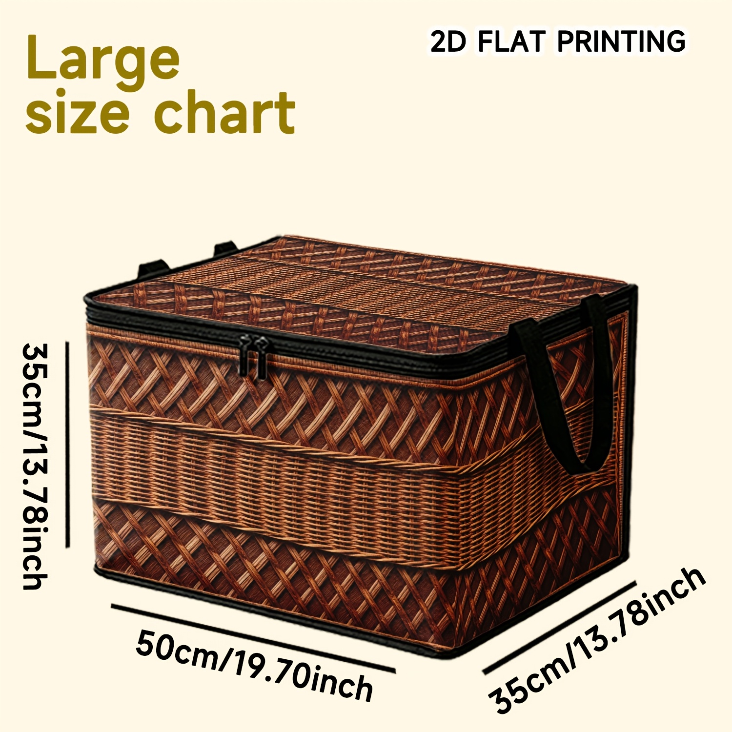 TEMU 2d Flat Printing. 1pc Simulated Rattan Woven Texture Printed Storage Box, Featuring A Zippered Closure And Side Carry Handles. Foldable For