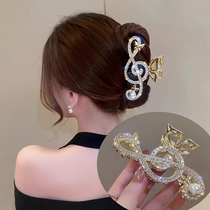

Vintage Gold Alloy Music Note Rhinestone Pearl Hair Claw Clip, Large Floral Hair Clamp For Women, Elegant Fashion Accessory For Everyday Use, Suitable For Ages 14+ - Single Piece