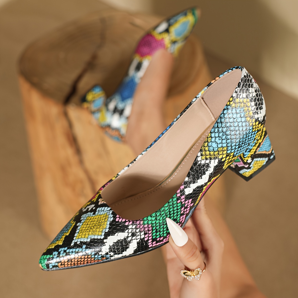 

Women's Colorful Snakeskin Print Pumps, Fashion Pointed Toe Slip On Chunky Low Heels, Stylish Party & Banquet Shoes