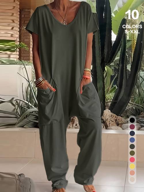 item picture big pockets womens v neck short sleeve wide leg jumpsuit breathable summer urban casual outfit for daily wear