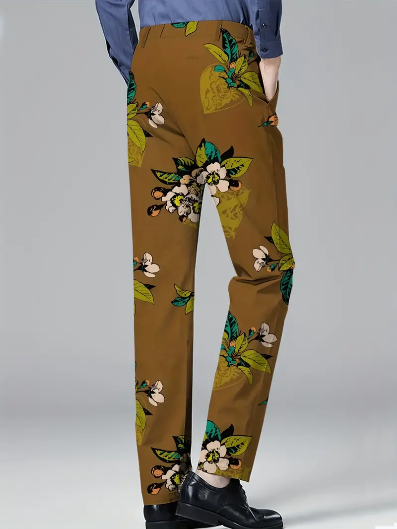 Men's Floral Graphic Print Suit Pants With Pockets, Dress Pants For ...