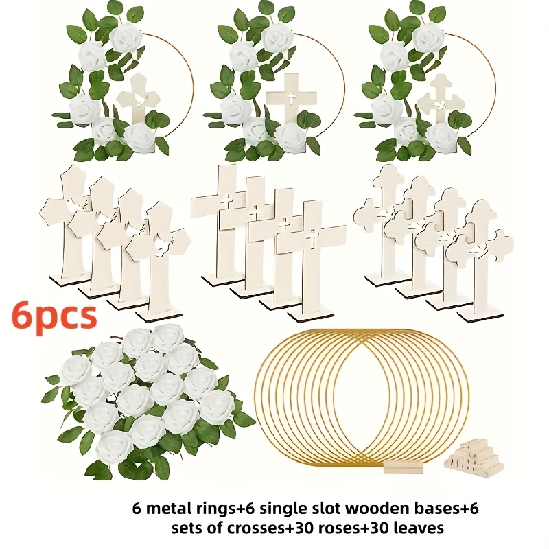 6/8/12pcs Standing Wooden 3 Styles Wooden Suitable For Crafts 12 White Roses Artificial Flowers With Leaves First Communion Baptism Center Decoration Used For Baptism Decoration