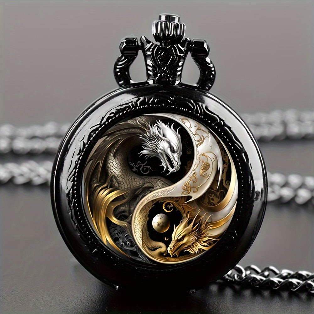 

Toop Vintage-inspired Black Pocket Watch With Golden & Silvery Dragons, Sun And Moon Design - Stainless Steel Quartz Movement, Ideal Gift For Teens & Adults