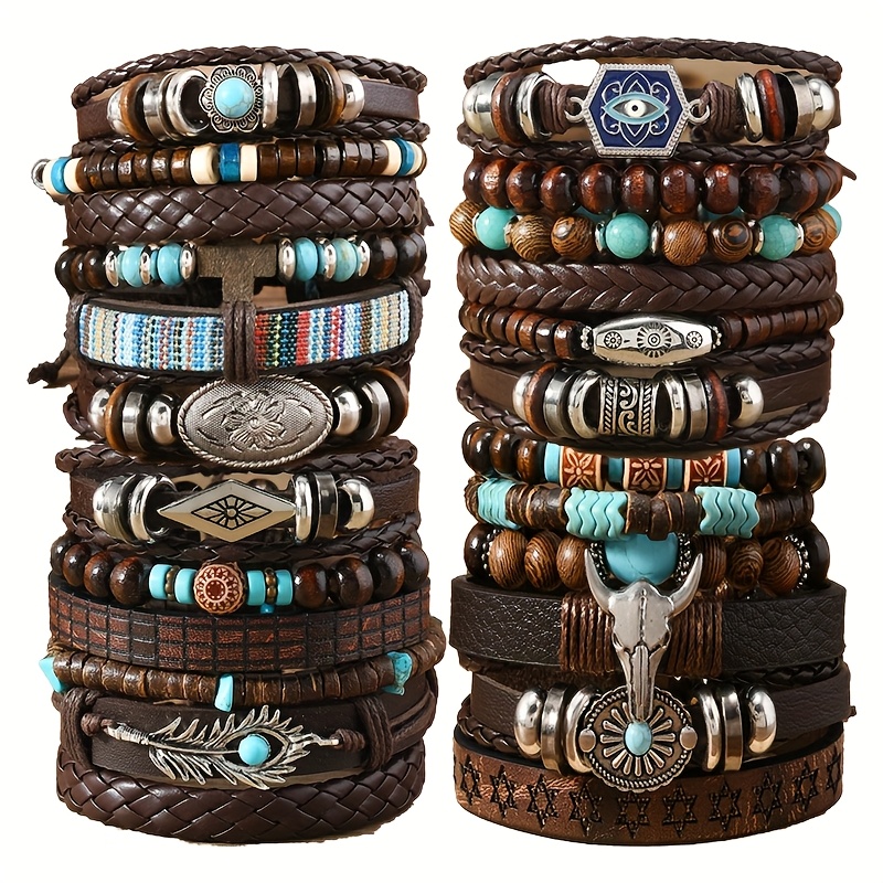 24pcs Boho Beaded Cow's Head Feather Charm Bracelet Set
