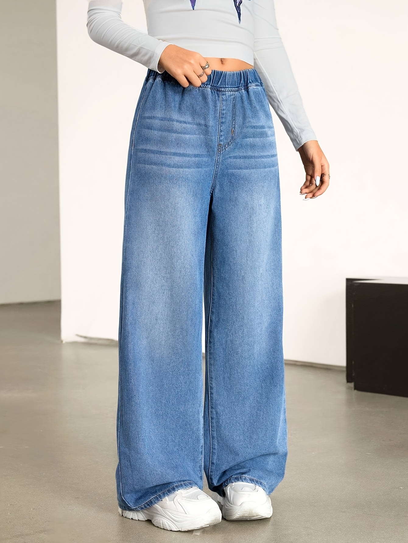 Wide-Leg Jeans Pants with Elastic Waist Belt Loop Closure  Straight-Leg Relaxed Fit Wash Blue Denim Jeans 8-13 Years Casual