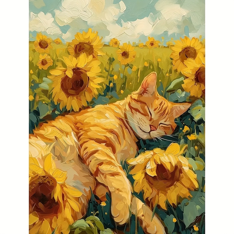 

1pc 5d Kit, Sunflowers & Cat Design, 11.8x15.8 Inches, Round Canvas, Diy Mosaic Art For Beginners, Animal Theme Wall Decor, Ideal Gift For Craft Lovers