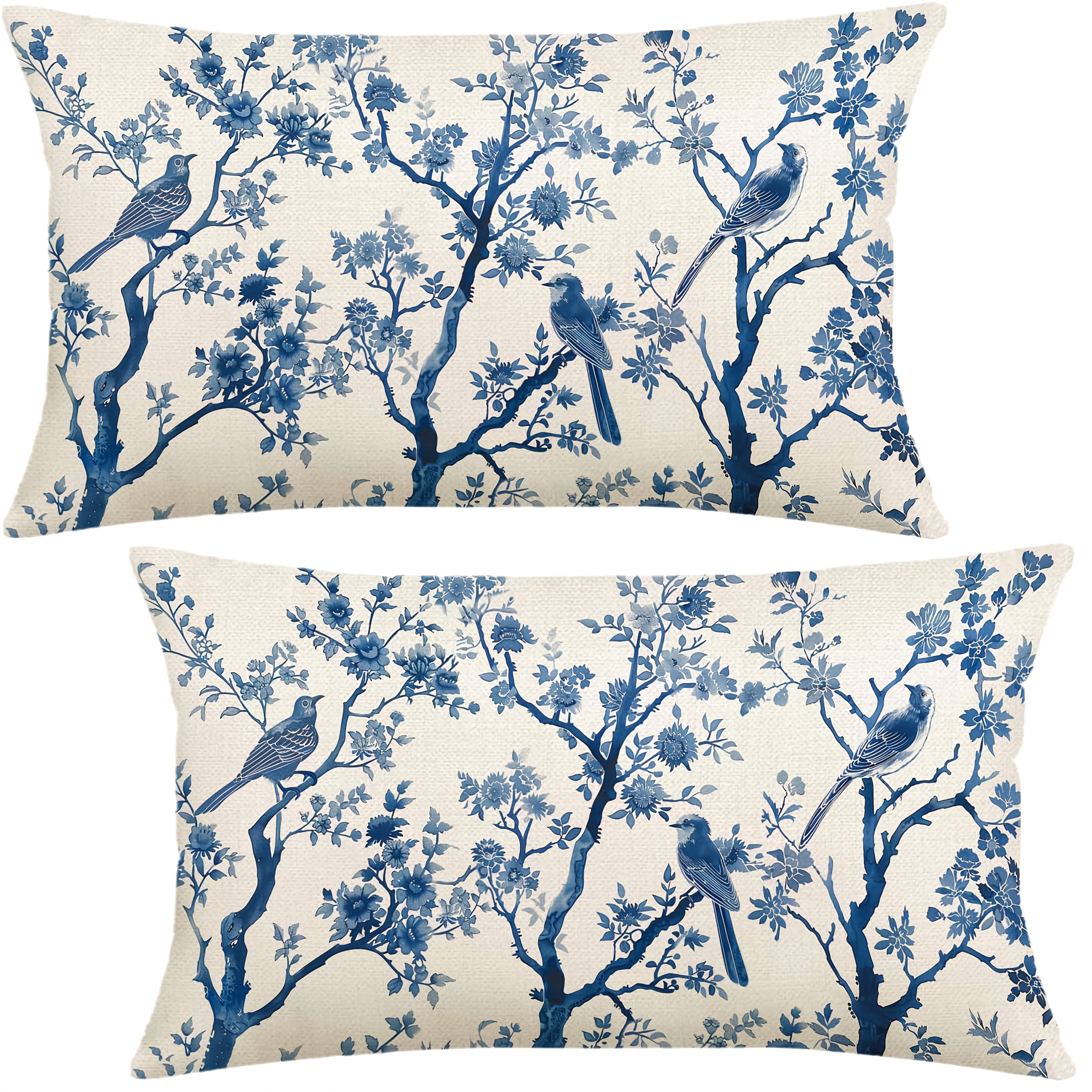 TEMU Set Of 2 Navy Blue Pillow Covers Featuring Spring Floral Designs With Chinoiserie Flowers And Birds, Vintage Plant-themed Outdoor Decor.