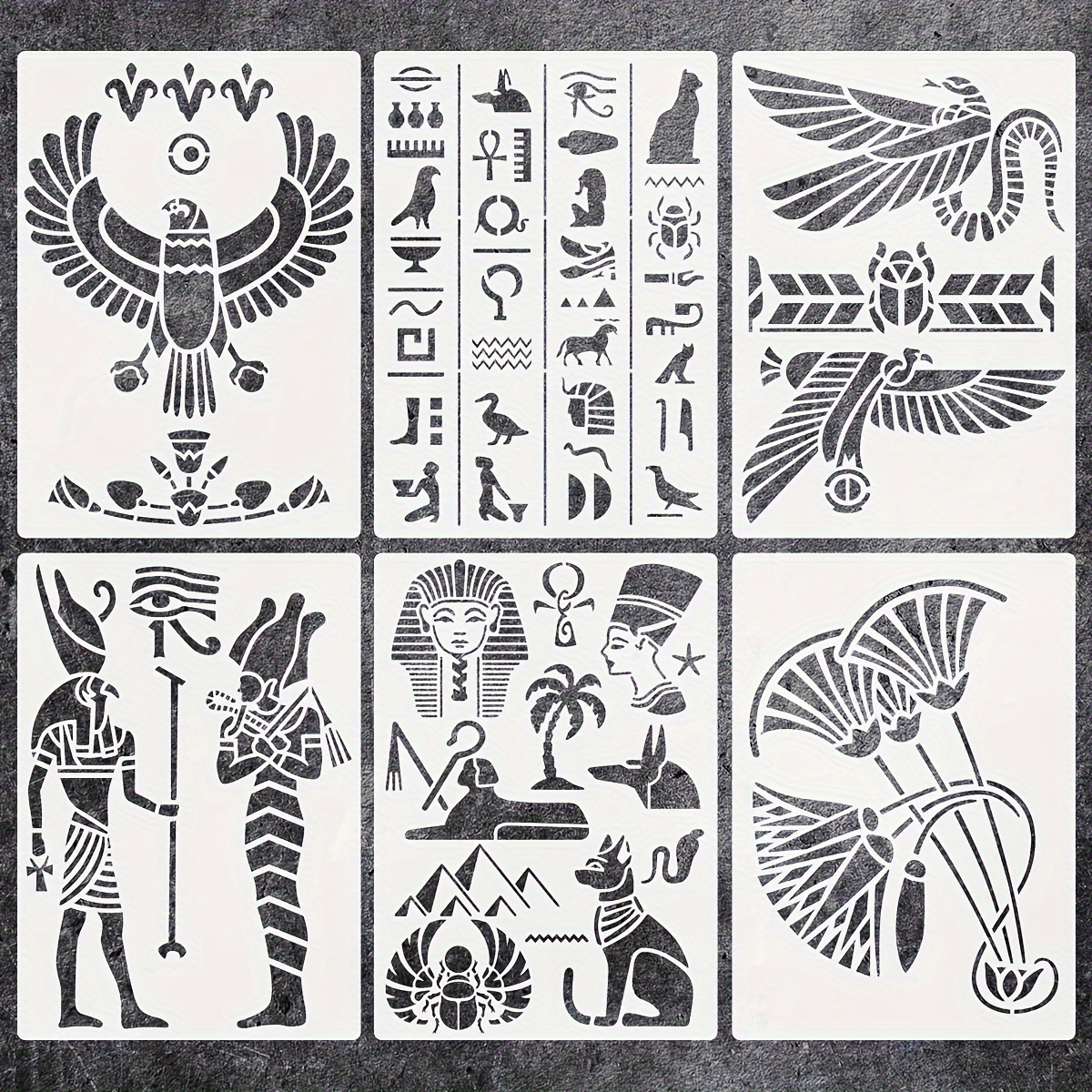 

Egyptian Series Stencil Set Of 6, Art Supplies Plastic Templates For Diy Crafts, Hieroglyphics & Mythical Creatures Design