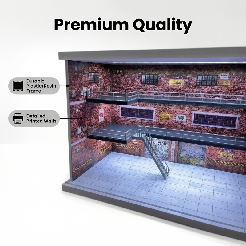 TEMU Scale Industrial Miniature Model With Illuminated & Open Base Suitable For Car Display, Dollhouse Diorama, Collector' Project - Acrylic Garage