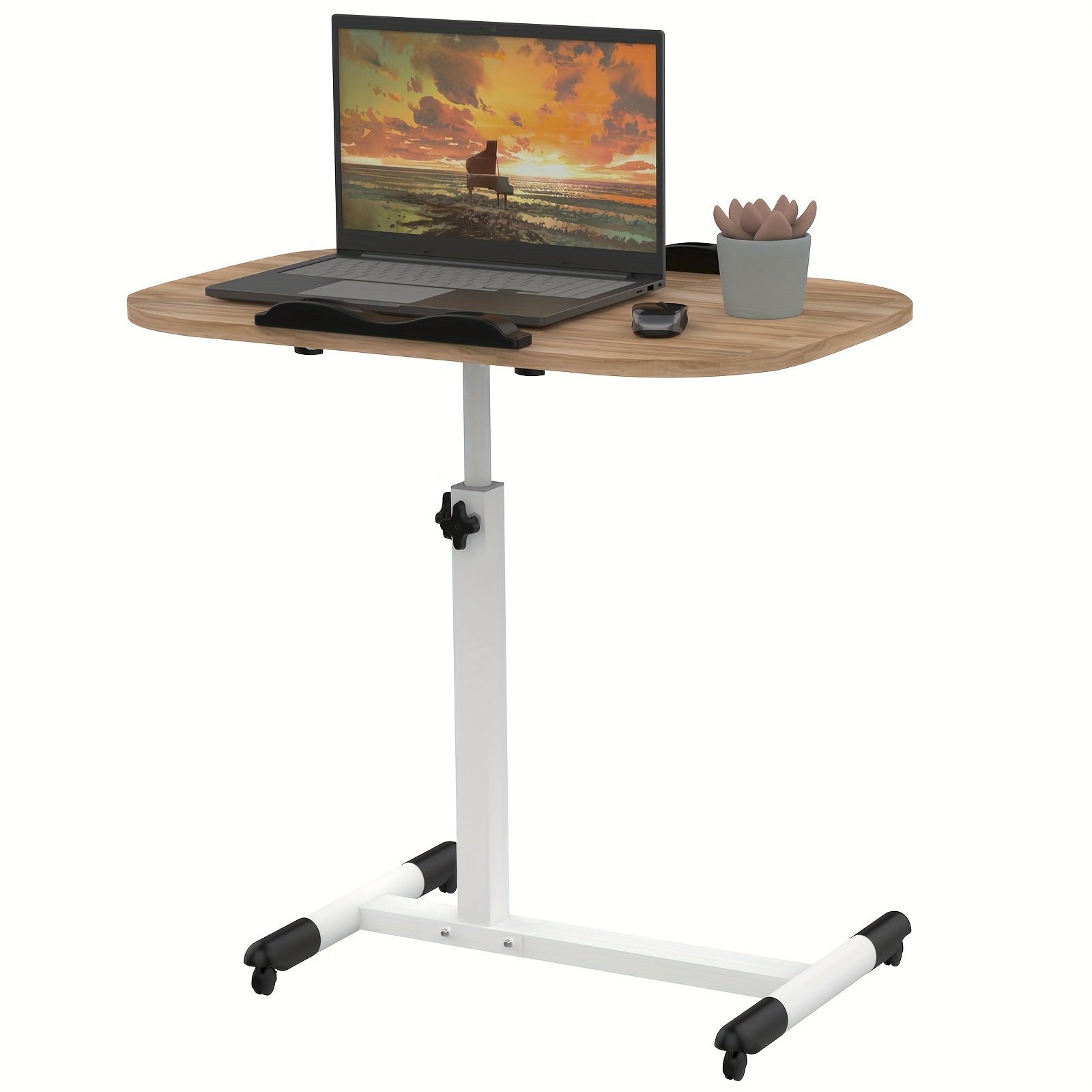 Laptop Desk With Casters, Height-adjustable Mobile Bedside Table, Height 61-95cm, Wooden Workstation With Metal Frame, Suitable For Home Office Or Office Use