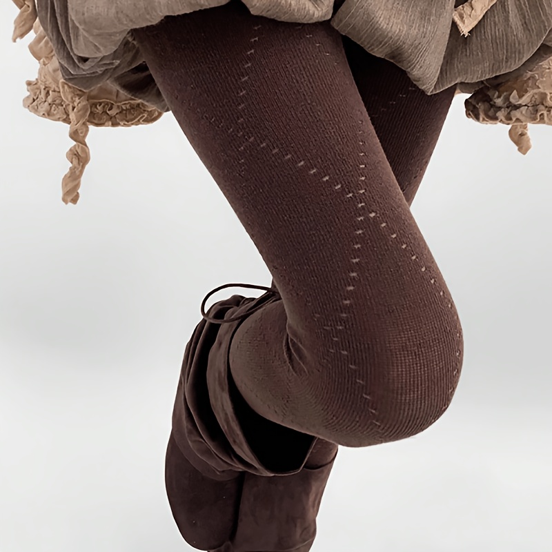 TEMU 1 Paire de Leggings Chauds pour Femme, Couche de Base Polyvalente et Décontractée Marron, Collants Épais à Carreaux JK Japonais pour