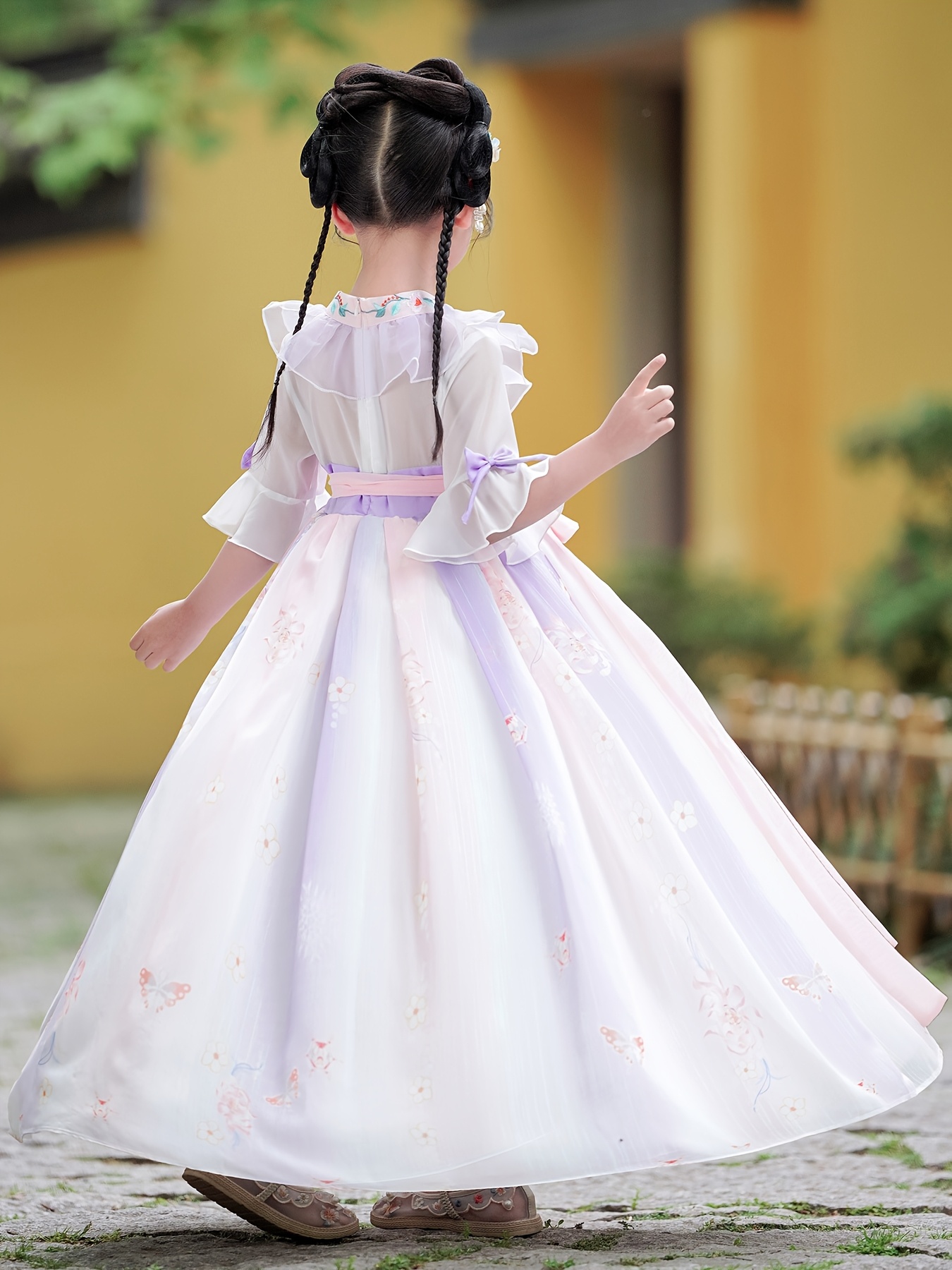 open lace back dress Trumpet Sleeve Floral Embroidery Girl's Han Chinese Costume Princess Dress Green / 15