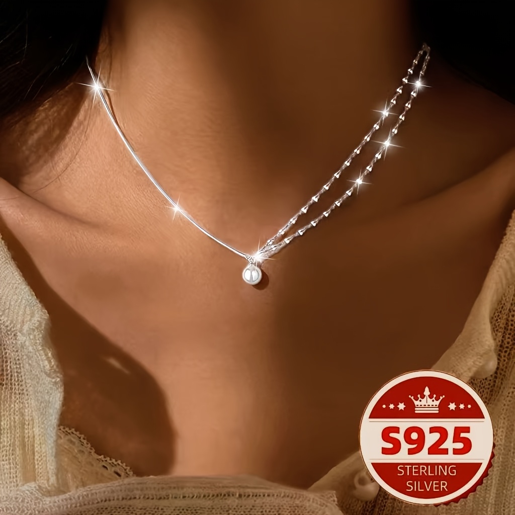 

925 Sterling Silver Double-layer Lip Chain Pearl Necklace Female Autumn And Winter Temperament Sparkling Clavicle Chain Small Fresh Neck Chain Female Jewelry, Christmas Gift