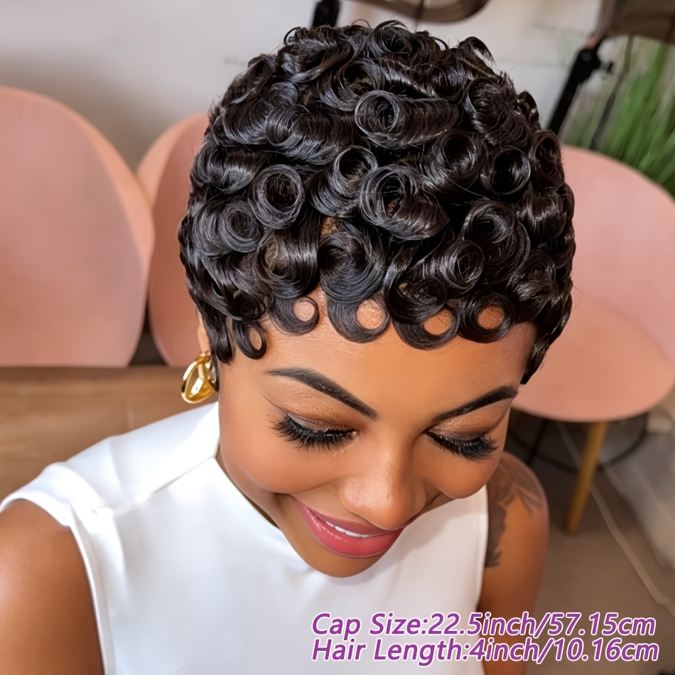 Image of Women's Short Full Curly Cut Human Hair Wig With Bangs - Peruvian Hair Loose Curly Wig (machine-made), 180% Density For Party & Holiday Wear, Suitable For Daily Wear & Holiday & Party