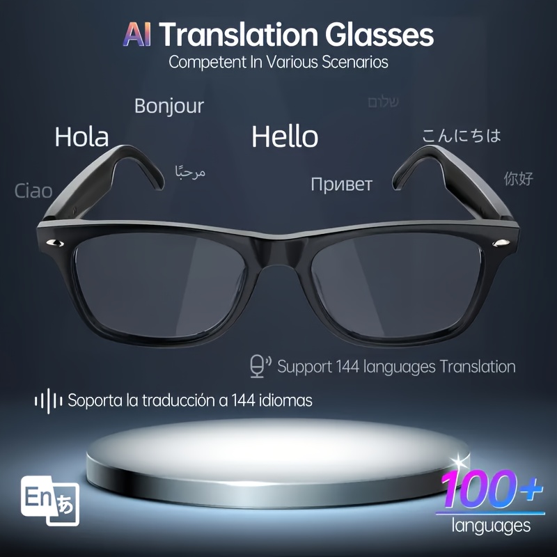 144 language translation light filtering polarized lenses low latency audio built in microphone speaker   assistant compatible with ios   usb charging communication assistance fashion translation glasses durable smart